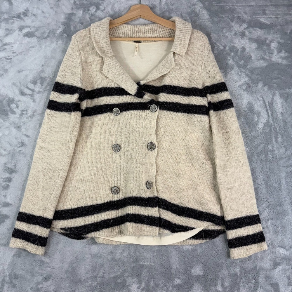 FREE PEOPLE  Earned Stripes WOOL Sweater Peacoat Button Jacket Size Small